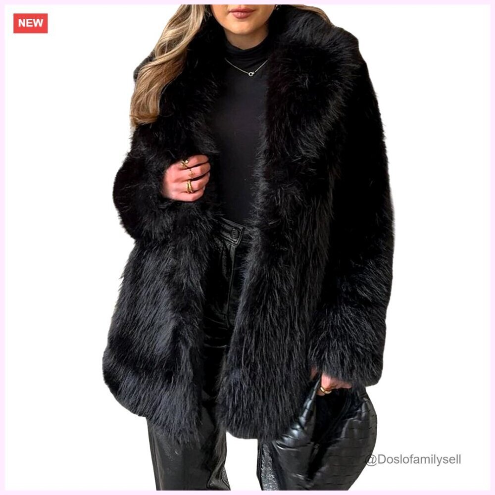 Faux Fur Coat Long Fluffy Shaggy Jacket Lapel Winter Outerwear